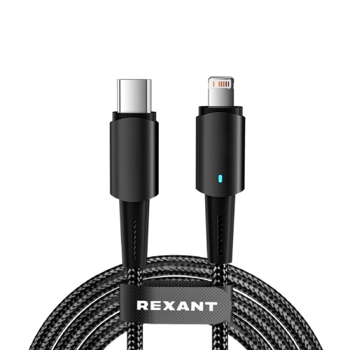 Кабель Type-C – Lightning для Apple, 3А, 1м, в черной нейлоновой оплетке, со световой индикацией REXANT | код 18-7069 | REXANT