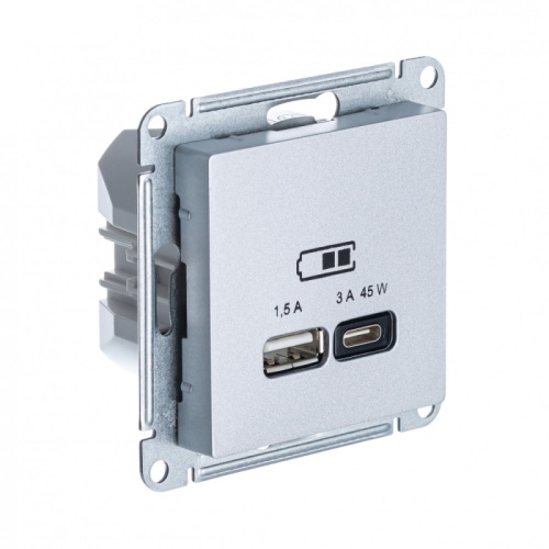 ATLASDESIGN USB РОЗЕТКА A + тип-C 45Вт высокоскор.заряд. QC,PD, мех.,АЛЮМИНИЙ | код ATN000329 | Systeme Electric