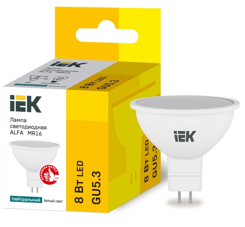 Лампа светодиодная ALFA MR16 софит 8Вт 230В 4000К GU5,3 | код LLA-MR16-8-230-40-GU5 | IEK