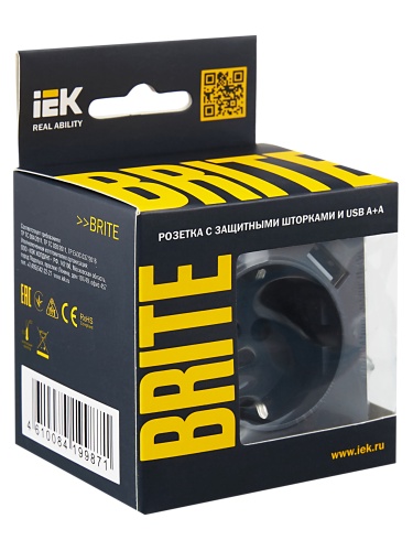 Розетка BRITE РЮш10-1-БрМ 16А с USB A+A 2.1А с заземл. защ. шторки маренго | код BR-R14-16-U21-D21-K35 | IEK фото 8