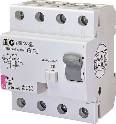 Реле дифференциальное (УЗО) EFI-4 16/0,5 тип AC (10kA) | код 002065141 | ETI