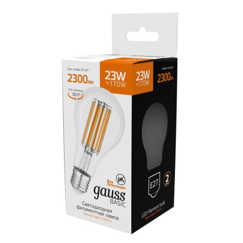 Лампа светодиодная филаментная LED 23 Вт 2300 лм 2700К А70 груша теплый E27 AC 220В прозрачная колба Basic Gauss | код 40712132 | Gauss фото 5