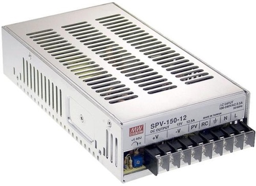 Источник питания AC-DC, 150Вт, ККМ, вход 88…264V AC, 47…63Гц /124…370В DC, выход 12В/12.5A, рег. вых 10.8…13.2В, эл. рег. 20…110%Uном, дист. вкл/выкл, изоляция 3000В AC, в корпусе 215х115х50мм, -20…+65С | код SPV-150-12 | MeanWell