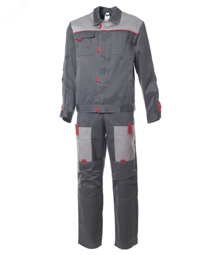 Костюм мужской ФАВОРИТ-2 куртка, полукомбинезон, цвет тёмно-серый с серым и красным, р-р 48-50 96-100/170-176 | код 114714 | Эталон-Спецодежда