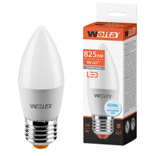 Лампа светодиодная WOLTA 25WC10E27 Свеча C37 10Вт 825лм 6500К Е27 1/50 | код 25WC10E27 | WOLTA