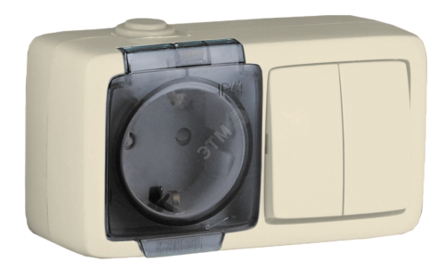 Alfa Блок с пылевлагозащитой, розетка одноместная, со шторками, с заземляющими контактами, выключатель двухклавишный, слоновая кость | код БА16-222-01 | HEGEL