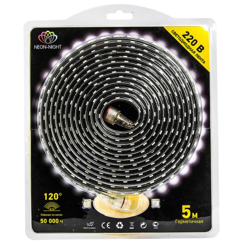LED Лента 220В, 6x10.6 мм, IP67, SMD 3014, 120 LED/m, цвет свечения белый, 5м (с комплектом подключения) | код 142-105-05 | NEON-NIGHT