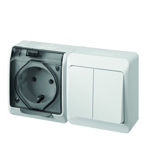 HERMES - Выключатель двухклавишный 10A/250V + Розетка 2P+E, 16A/250V, с прозрачной крышкой, IP44, белый | код 0327-03 | Elektro-plast Nasielsk