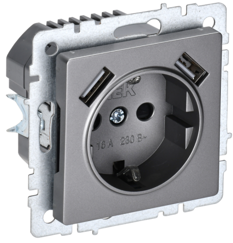BRITE Роз. с з/к/ш 16А с USB A+A 3,1А РЮш10-2-БрС сталь IEK | код BR-R14-16-U21-D31-K46 | IEK