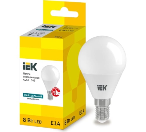 Лампа LED ALFA G45 шар 8Вт 230В 4000К E14 | код LLA-G45-8-230-40-E14 | IEK