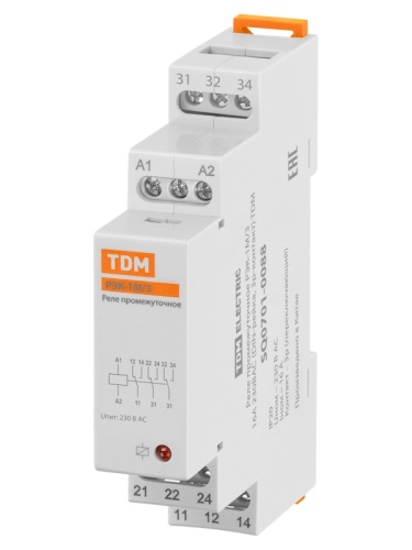 Реле промежуточное РЭК-1М/3 16А 230В АС (DIN-рейка, 3р-контакт) TDM | код SQ0701-0088 | TDM