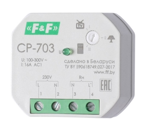 РЕЛЕ КОНТРОЛЯ НАПРЯЖЕНИЯ ОДНОФАЗНЫЕ CP-703 Контроль напряжения: нижний порог 207/180/170 В, верхний порог 253/260/260 В, установка в монтажную коробку ? 60 мм 100-300 В AC 16А 1NO IP20 | код EA04.009.011 | ЕВРОАВТОМАТИКА ФиФ