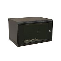 Шкаф настенный 19-дюймовый (19), 6U, 367x600х600мм, стеклянная дверь с перфорацией по бокам, ручка с замком, цвет черный (RAL 9004) (разобранный) | код 520239 | WRLine