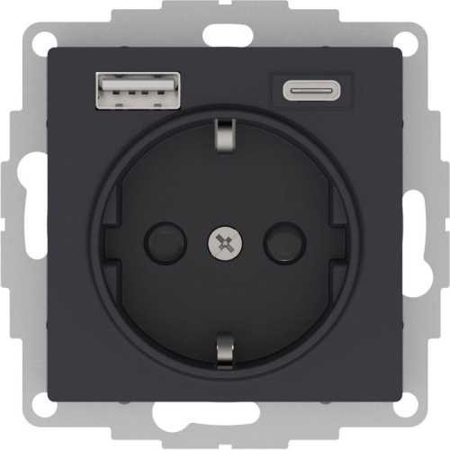Розетка AtlasDesign 16А с 2-мя заряд. устройствами USB тип A+C 5В/2.4А 2х5В/1.2А механизм карбон | код ATN001032 | Schneider Electric