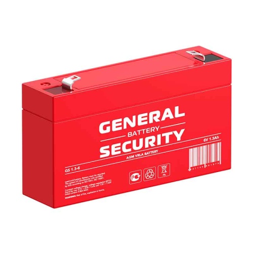 GS1.3-6 Аккумуляторная батарея систем охраны и пожарной безопасности, напряжение: 6В, ёмкость: 1,3Ач, клеммы типа: F1, Размеры ДШВ: 97х24х52мм, вес: 0,25кг. Срок службы: до 5 лет. | код GS1.3-6 | GENERAL SECURITY