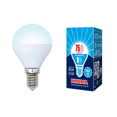 Лампа светодиодная LED-G45-9Вт 4000К E14 FR NR Форма шар, матовая. Серия Norma. Белый свет (4000K). Картон. ТМ Volpe | код UL-00003825 | VOLPE
