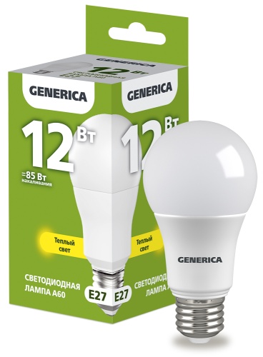 Лампа светодиодная A60 груша 12Вт 230В 3000К E27 GENERICA | код LL-A60-12-230-30-E27-G | IEK