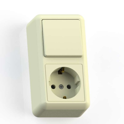 ОПТИМА Блок комбинированный открытой установки (одноклавишный выключатель+ розетка с заземляющим контактом) БКВР-405, слоновая кость | код 8086 | Кунцево-Электро