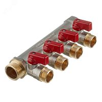 Коллектор с шаровыми кранами 3/4', 4 отвода 1/2' (красные ручки) | код SMB 6210 341204 | STOUT