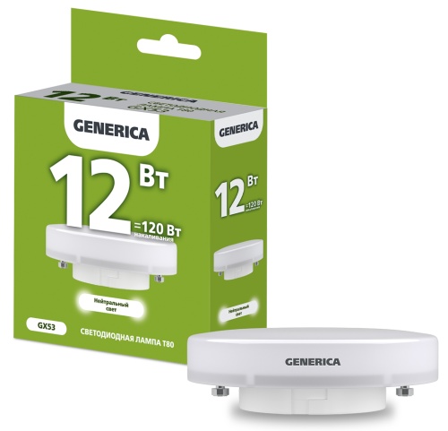 Лампа светодиодная T80 таблетка 12Вт 230В 4000К GX53 GENERICA | код LL-T80-12-230-40-GX53-G | IEK