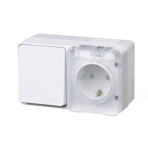 Блок ОП AtlasDesign Profi54 розетка 16А 250В с заземл. защ. шторки + 1-кл. выключатель 10А IP54 бел. | код ATN540170 | Schneider Electric