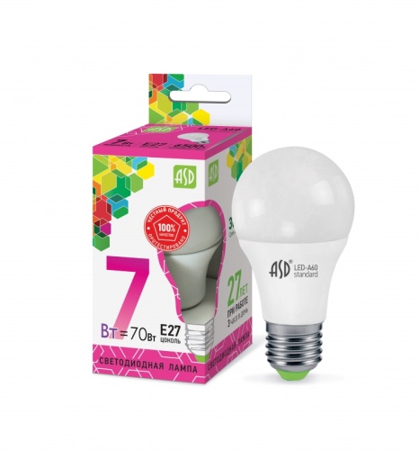 Лампа светодиодная LED-A60-standard 7Вт 230В Е27 6500К 630Лм ASD | код 4690612018997 | ASD