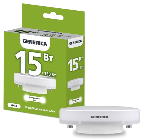 Лампа светодиодная T80 таблетка 15Вт 230В 4000К GX53 GENERICA | код LL-T80-15-230-40-GX53-G | IEK
