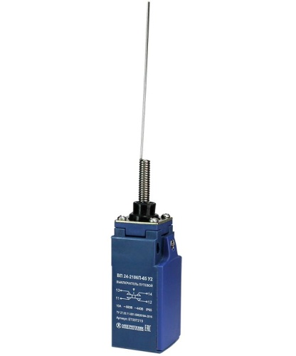 Выключатель путевой ВП 24-2106П-65 У2, рычаг пружинный ''кошачий ус'',1з+1р, безинерционный, 20 мм, без сальника, 3А, IP65 | код ET007219 | Электротехник