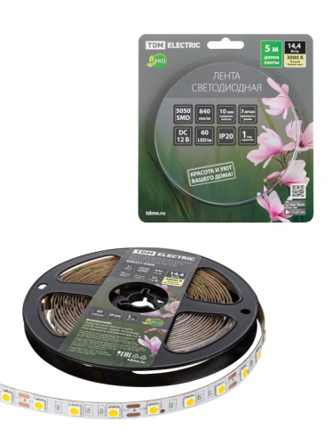 Лента светодиодная SMD5050-60 LED/м-IP20-12 В-14,4 Вт/м-3000 К (5 м) блистер TDM | код SQ0331-0369 | TDM