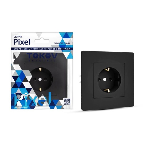 Розетка 1-м СП Pixel 16А IP20 с заземл. защ. шторки в сборе карбон | код TKE-PX-R1FZSF-C14 | TOKOV ELECTRIC