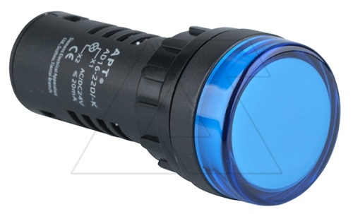 Индикатор светодиодный моноблочный AD16-22D, синий, LED 24VAC/DC, фильтр 5V, IP65, 22mm | код AD16-22D/B23-K5 | АРТ
