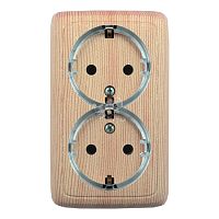 Розетка двойная наружная с заземлением с шторками с изолирующей пластиной (стакан) сосна | код РА16-184-02 | HEGEL