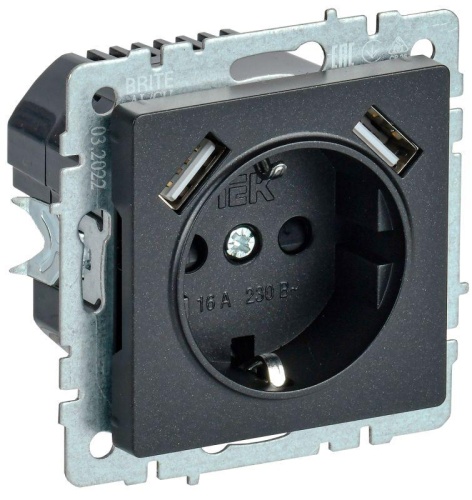 Розетка BRITE РЮш10-1-БрЧ 16А с USB A+A 2.1А с заземл. защ. шторки черн. | код. BR-R14-16-U21-D21-K02 | IEK