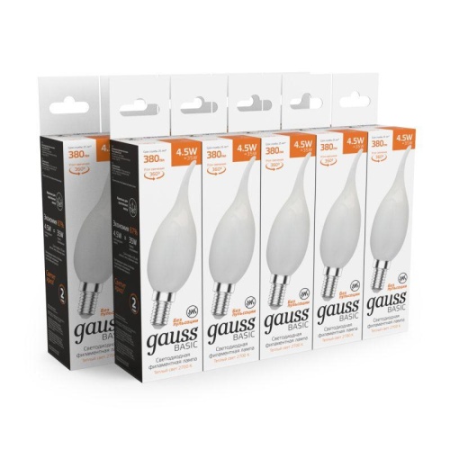 Лампа светодиодная филаментная LED 4.5 Вт 380 лм 2700К свеча на ветру теплый E14 AC 220В матовая колба Basic Gauss | код 1045115 | Gauss фото 2