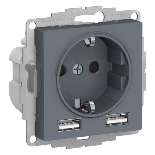 Розетка 3-м СП AtlasDesign 16А IP20 с 2-мя заряд. устройствами USB тип A+A 5В/2.4А 2х5В/1.2А механизм грифель | код ATN000730 | Schneider Electric