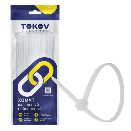 Хомут кабельный нейлоновый бел. 3.6х250 (уп.100шт) | код. TKE-HNS-3.6-250-W/100 | TOKOV ELECTRIC