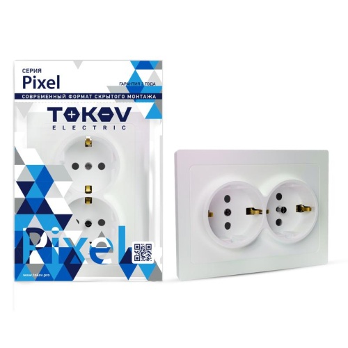 Розетка 2-м СП Pixel 16А IP20 с заземл. защ. шторки в сборе перламутр. | код TKE-PX-R2FZSF-C04 | TOKOV ELECTRIC