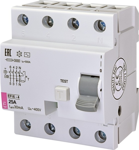 Реле дифференциальное (УЗО) EFI6-4 25/0,03 тип AC (6kA) | код 002062137 | ETI