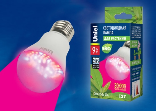Лампа светодиодная для растений LED A60 9Вт SP E27 CL ALM01WH Форма A, прозрачная колба. пластик. картон. Uniel. | код 09645 | UNIEL