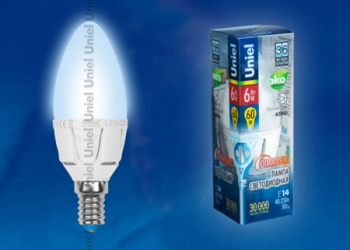 Лампа светодиодная диммируемая LED-C37-6W 4500К E14 FR DIM ALP01WH 6Вт, свеча, матовая, алюминий, серия Palazzo UNIEL | код 08688 | UNIEL