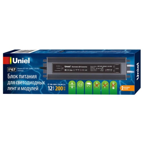 Блок питания UET-VAF-200A67 12V IP67 2 выхода ультратонкий 200Вт Металлический корпус | код UL-00007579 | Uniel