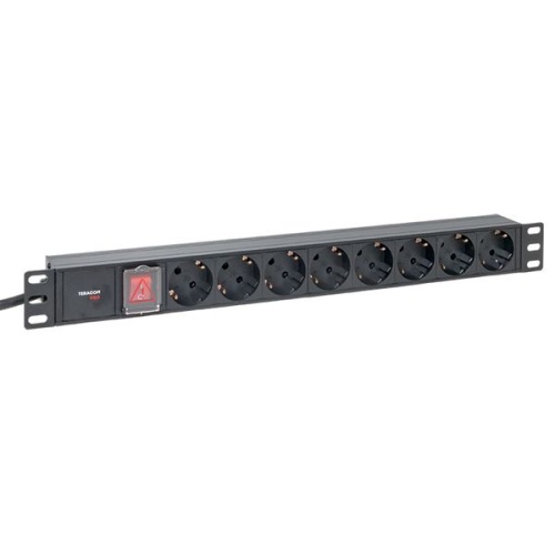 Блок розеток PDU TERACOM PRO 19'' 1U 16А/250В 8 розеток Schuko с выключателем шнур питания длиной 2 метра сечение 3x1.5 мм2 вилка Schuko корпус алюминий черный | код TRP-HPD-LS-16A-8SH-2MSH | EKF фото 2