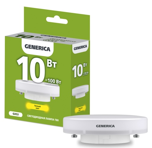 Лампа светодиодная T80 таблетка 10Вт 230В 3000К GX53 GENERICA | код LL-T80-10-230-30-GX53-G | IEK