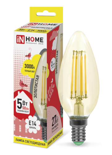 Лампа светодиодная LED-СВЕЧА-deco 5Вт 230В Е14 3000К 450Лм золотистая IN HOME | код 4690612007182 | IN HOME