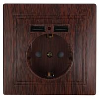 Розетка Intro Plano 1-410-10 с заземлением 2P+E Schuko со шторками, 16А-250В + 2хUSB 5В-2,1А, IP20, СУ, венге | код Б0053948 | ЭРА