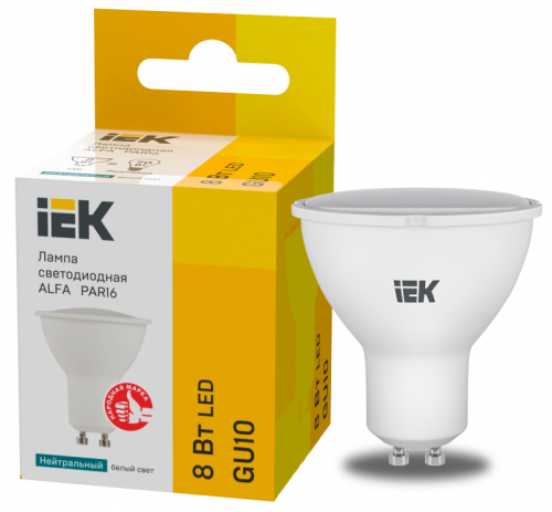 Лампа LED ALFA PAR16 софит 8Вт 230В 4000К GU10 (6шт)IEK | код LLA-PAR16-8-230-4-GU10-6 | IEK