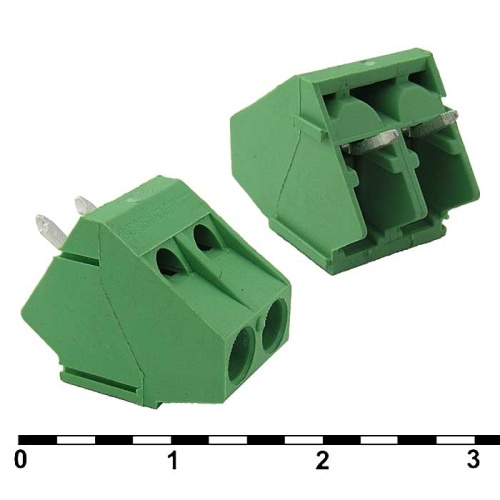 Винтовой клеммный блок RUICHI DG103-5.08-2 на 2 клеммы M2.5, шаг 5.08 мм, угловой 45°, 6 А, 26-18 AWG | код 81106 | Ruichi