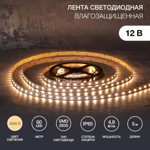 Лента LED силикон, 8мм, IP65, SMD 2835, 60 LED/m, 12V, тепло-белая | код 141-356 | LAMPER