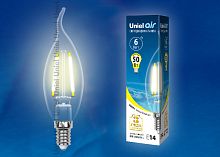 Лампа светодиодная LED-CW35-6Вт 3000К E14 CL GLA01TR . Форма свеча на ветру, прозрачная. Серия Air. Теплый белый свет (3000K). Картон. ТМ Uniel | код UL-00002199 | UNIEL