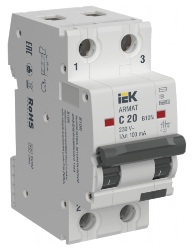 ARMAT АВДТ B10N 2P C20 100мА тип AC IEK | код AR-B10N-2-C020C100 | IEK